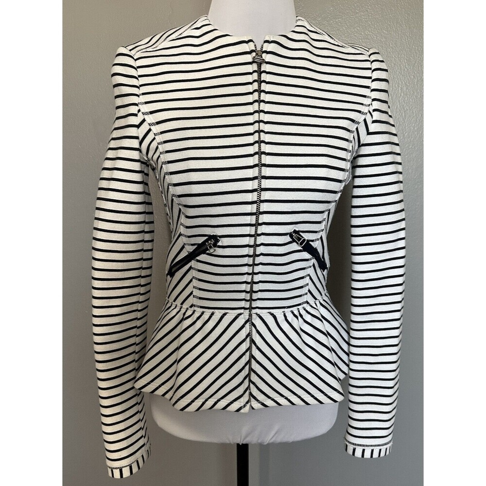 Zara Womens Black White Striped Blazer Full Zip Long Sleeve Jacket Sz Small Coat